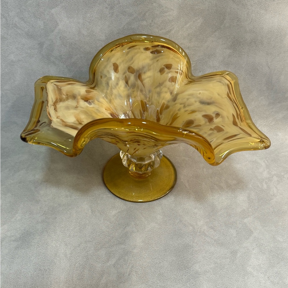 Vintage Murano Style Amber Ruffled Pedestal Bowl